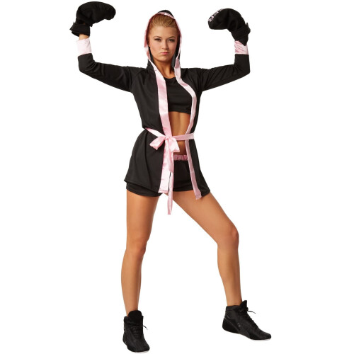 Boxer kostuum dames - korte broek tanktop jas met capuchon riem bokshandschoenen - zwart - maat S