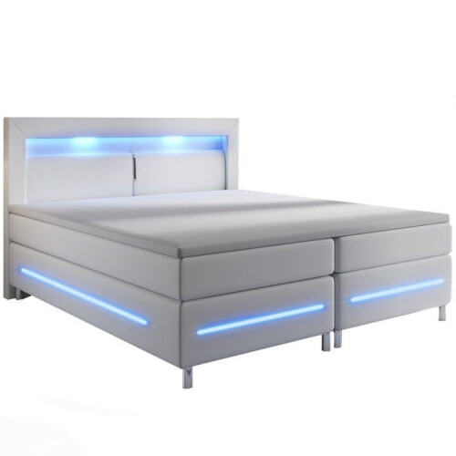 Boxspringbed Norfolk - 140x200 cm - Kunstleer - LED verlichting - Luxe slaapcomfort - Wit - 66 cm instaphoogte