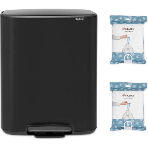 Brabantia Bo Prullenbak - 2 x 30 liter - met 80 Perfect Fit Afvalzakken - Matt Black (2 stuks)