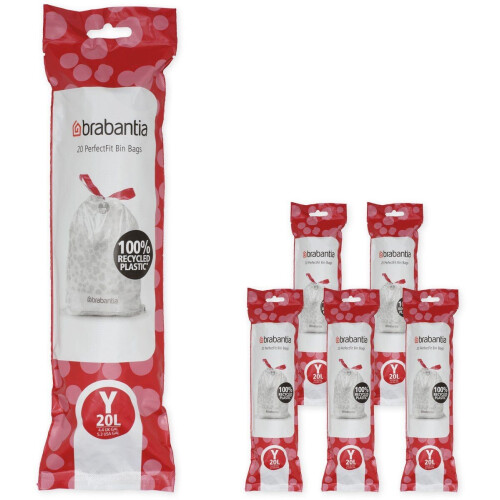 Brabantia PerfectFit Vuilniszakken - 20 l - Code Y - Scheurvast met trekbandsluiting - Wit (6 rollen x 20 stuks)