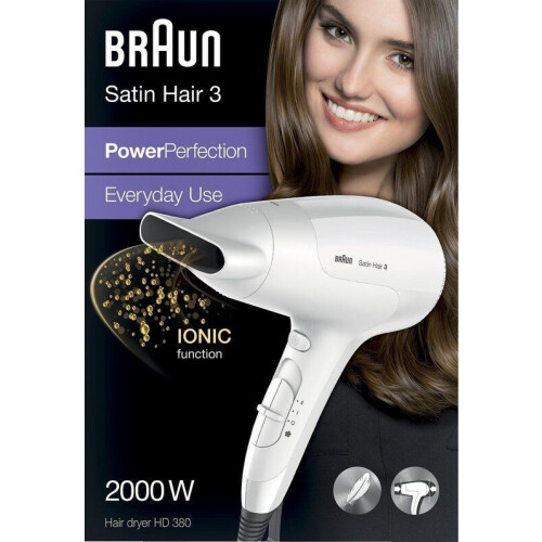 Braun Satin Hair 3 PowerPerfection BRHD380E - Föhn - 2000 watt - 3 temperaturen - 2 snelheden - Licht - Wit