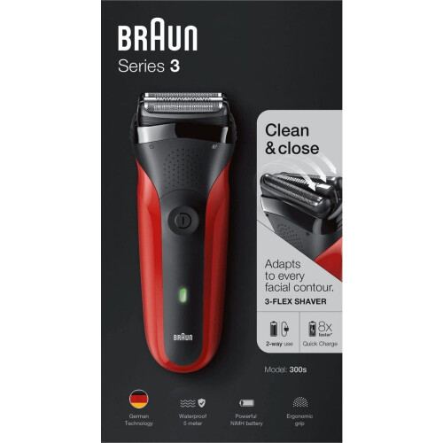 Braun Series 3 300s - Elektrisch Scheerapparaat - 3 drukgevoelige scheeronderdelen - Rood Tweedehands
