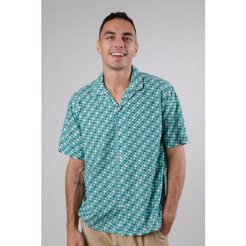 Brava Fabrics mannen vegan Overhemd Tegels Aloha Blauw Tweedehands