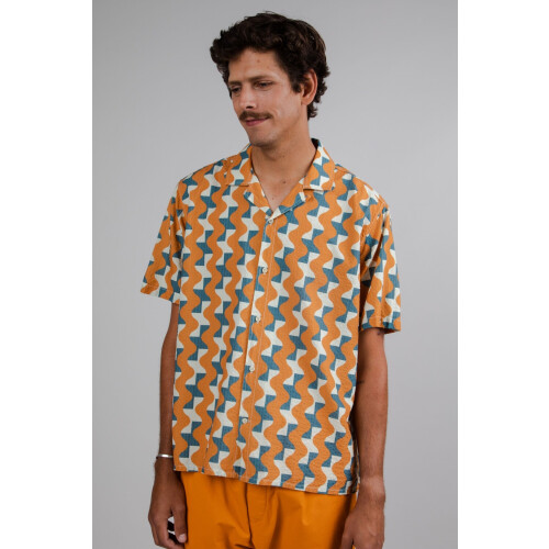 Brava Fabrics mannen vegan Shirt Grote Tegels Aloha Oker Tweedehands