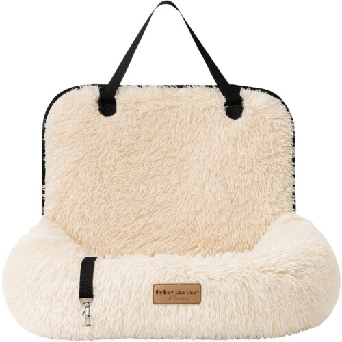 By Cee Cee Fluffy Autostoel Hond - Luxe Hondenmand Auto Met Veiligheidsriempje - Beige - Maat M