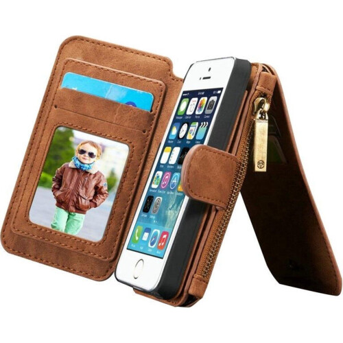 CaseMe - Billfold Hoesje voor iPhone SE&5s&5 - Lederen met 13 Kaartsleuven&Afneembare Magnetische PC - Bruin