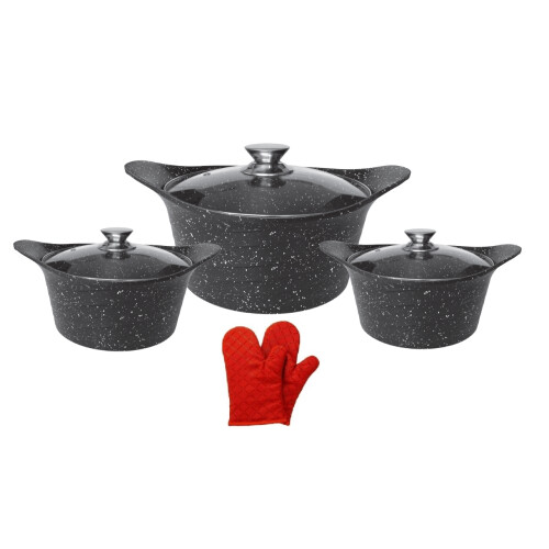 Cheffinger CF-KC01 - Kookpot set met deksel en handschoenen - Antiaanbaklaag - Zwart marmer (6 stuks)