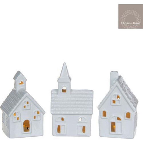 Christmas House - Kerstdecoratie - Porseleinen huisjes met LED verlichting - Wit (3 stuks) Tweedehands