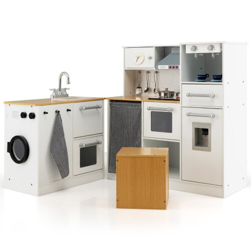 Coast– Eck Speelkeuken met Licht en Geluid – 79x29x81 cm – Wit&Natuur MDF– Inclusief Hocker en