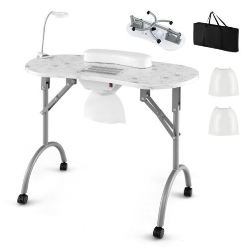 Coast Opvouwbare Manicuretafel 90x43x73 cm - Stofafzuiger LED-lamp Polssteun Draagtas Wit