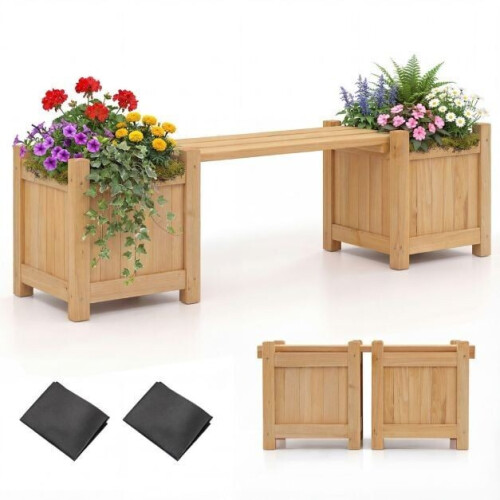 Coast Plantenbak met Tuinbank Houtkleur – Massief Houten Bloembak met 2 Zijbakken – 105 x 26,5 x