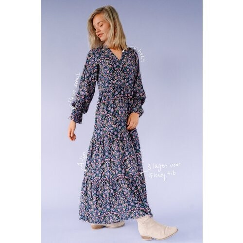 Common and Sense dames vegan Maxi Jurk Nora Bloemenprint Blauw & Paars Tweedehands