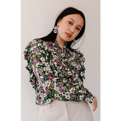 Common and Sense dames vegan Ruffle Blouse Madeliefje Bloemenprint Groen & Paars Tweedehands