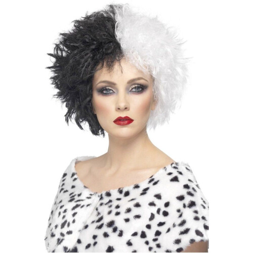Cruella damespruik - Verkleedpruik - Tweekleurig - Wit zwart