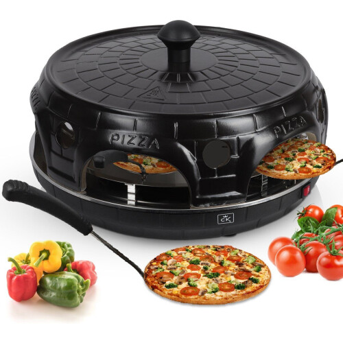 CuisineKing Pizza Oven Black Edition - Mini Pizza Oven - 6 Personen - Terracotta Koepel - RVS Bakplaat 1100 Watt - Antiaanbaklaag - Antislip Bodem