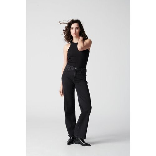 Dawn dames vegan Dew Flared Jeans Classic Zwart Denim Tweedehands