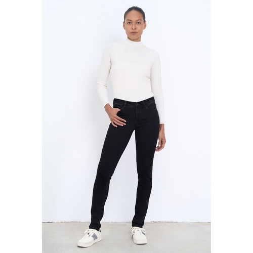 Dawn dames vegan Jeans Mid Sun Slim Comfort Stretch Basic Black Denim Tweedehands