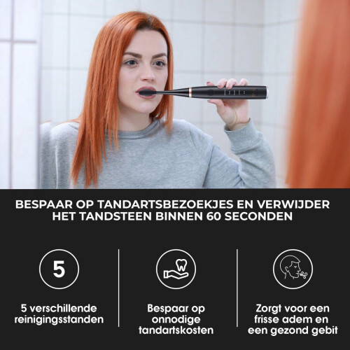 Tandsteen verwijderaar elektrisch Dentect – tandenborstel opzetstukken - tandarts spiegel - 5 standen - Zwart