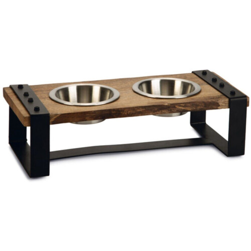 Designed by Lotte Karinto - Dinerset Hond - Hout/metaal - incl. 2 RVS bakjes - 44x19x15 cm (2 stuks)