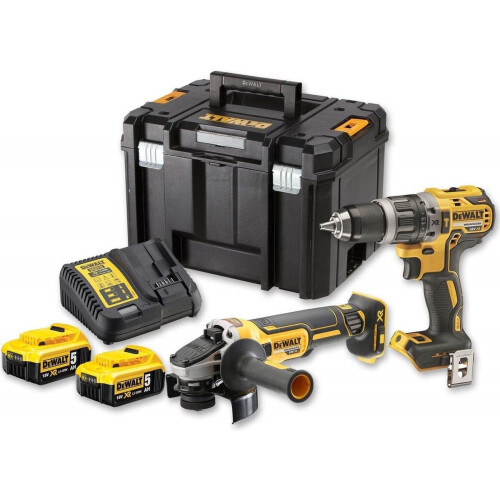 DeWALT DCK2020P2T-QW - Comboset - Accuboormachine DCD791 & Haakse Slijper DCG405 - 2x 5Ah accu's + lader in T-Stak (2 stuks) Tweedehands