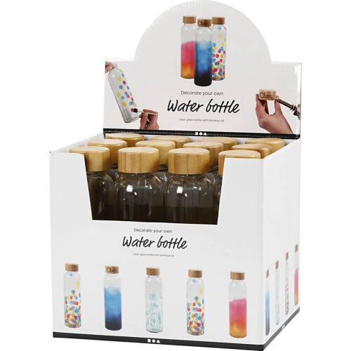 Display met 12 Glazen Waterflessen - Herbruikbaar - Bamboe Deksel