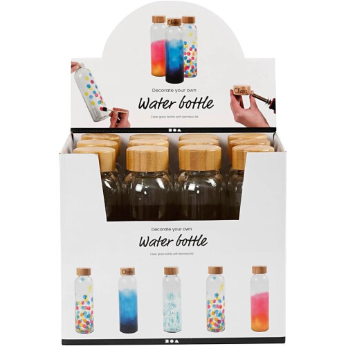 Display met 12 Glazen Waterflessen - Herbruikbaar - Bamboe Deksel