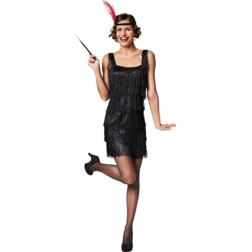 Dressforfun Charleston Kostuum Dames - Verleidelijke Jurk met Franjes - Haarband met Veer (L) Tweedehands