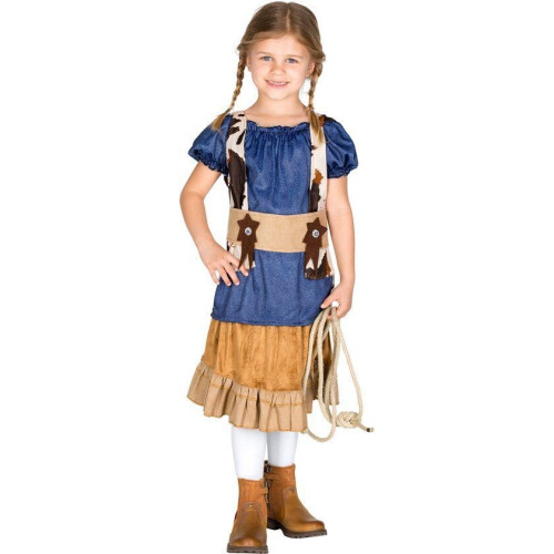 Dressforfun cowgirl kostuum Wynonna 152 - meisjeskostuum met jeanslook top en rok - verkleedkleding (12-14j)