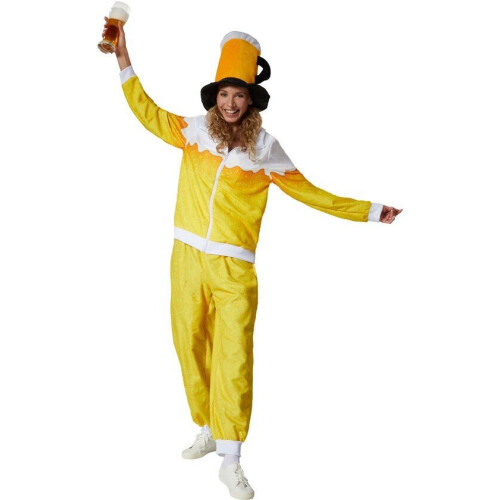 dressforfun - dameskostuum Bier joggingpak - jack en broek met Bier-print - kleur geel/wit - maat L