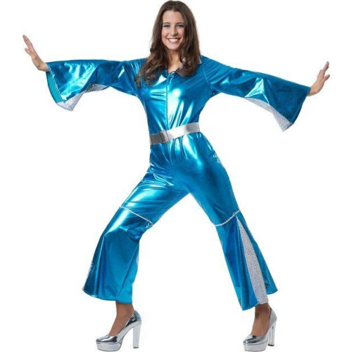 Dressforfun Disco Starlet XXL - Dameskostuum - Glanzende jumpsuit met zilveren details - Neonblauw