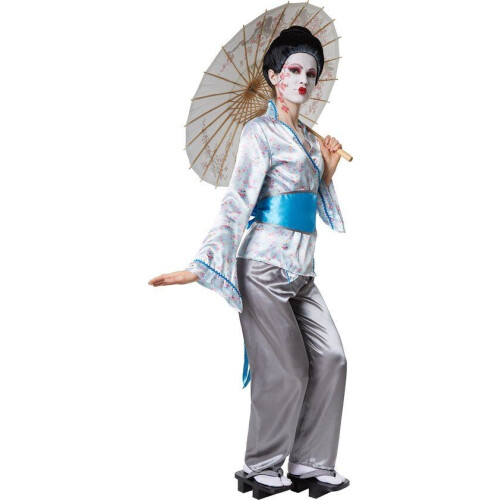 dressforfun Geisha Aiko XXL - verkleedkostuum - satijnen blouse broek buikriem - grijs/blauw Tweedehands