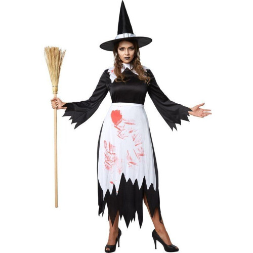 dressforfun - Griezelige heks S - verkleedkostuum met hoed en schort - zwart Tweedehands