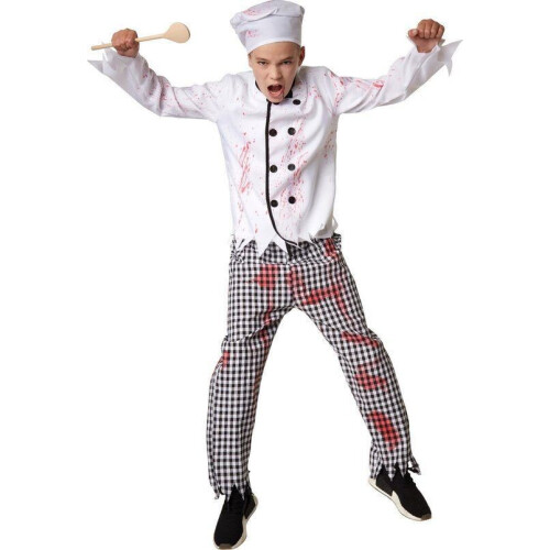 Dressforfun Griezelige kok 140 - Kostuum Halloween - Koksjas met schort en muts - Zwart-wit Tweedehands