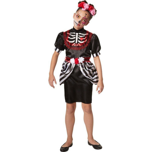 Dressforfun Skeletdame 104 - Verkleedkostuum Halloween - Korte jurk met skeletprint en bloemenriem (3-4j) Tweedehands