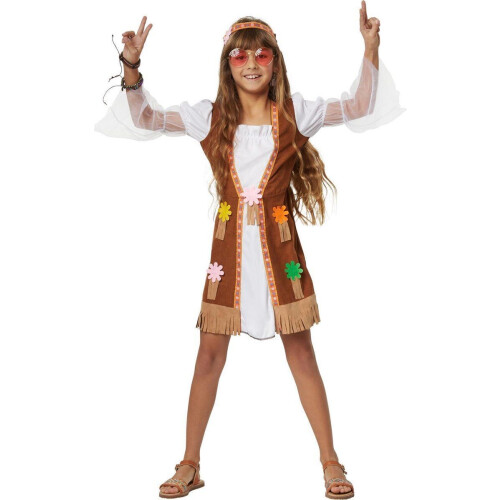 Dressforfun Groovy Hippie Squaw - Meisjeskostuum - Korte jurk met suèdelook vest en franjes - Multicolor Tweedehands