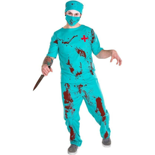 Dressforfun Herenkostuum Zombiedokter - Halloween Verkleedkleding - Inclusief Bovenstuk Broek Mondmasker Operatiemuts Tweedehands