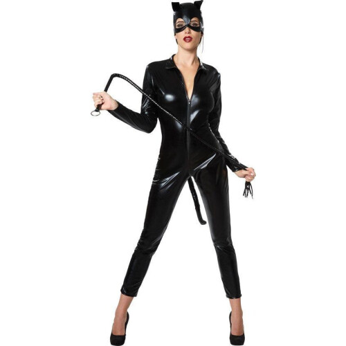 Dressforfun Hete Kat L - Verkleedkostuum - Catsuit met kattenstaart en masker - Zwart Tweedehands