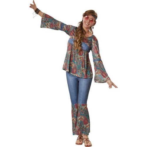 Dressforfun Hippie Girl Harmony - Verkleedkostuum - Lange broek met bloemenmotief en trompetmouwen - XXL Tweedehands