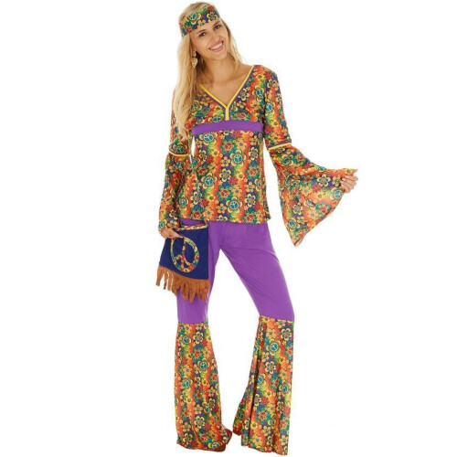 Dressforfun Hippie Kostuum Dames - Verkleedkleding - Bovenstuk en broek van rekbare jersey - Retro jaren 60/70 (L)