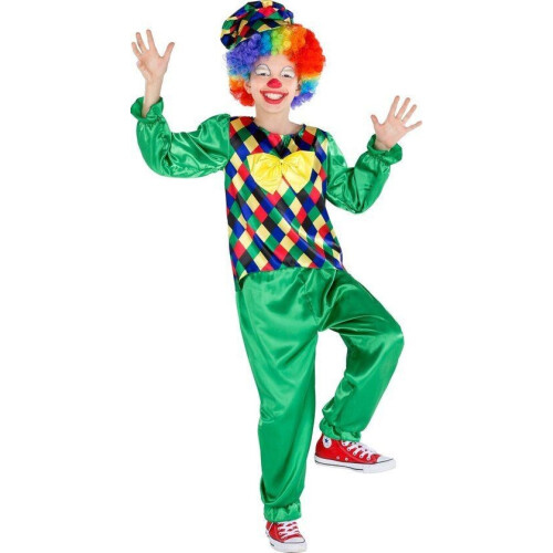dressforfun - jongenskostuum clown Freddy 104 (3-4j) - glanzende satijnen broek en shirt - baseball cap Tweedehands