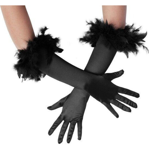 dressforfun - Lange satijnen handschoenen - Afwerking met veren - Zwart