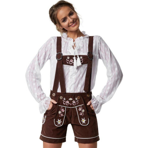 Dressforfun Lederhose Alpsee L - Verkleedkleding - Traditionele lederhose met bloemenstiksels - Paars/Rosé