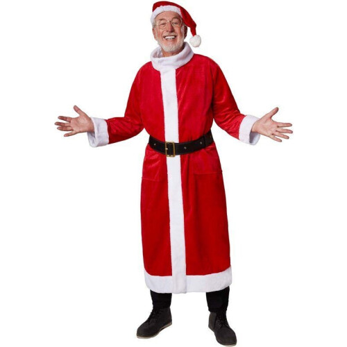 Dressforfun Mantel kerstman klassiek XXL - verkleedkleding - lange rode fluwelen mantel met pluche witte revers