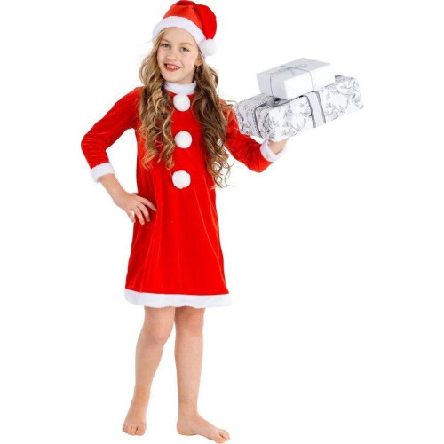Dressforfun Meisjes kerstelf kostuum 152 - Verkleedkleding met sneeuwballen - Inclusief kerstmuts Tweedehands