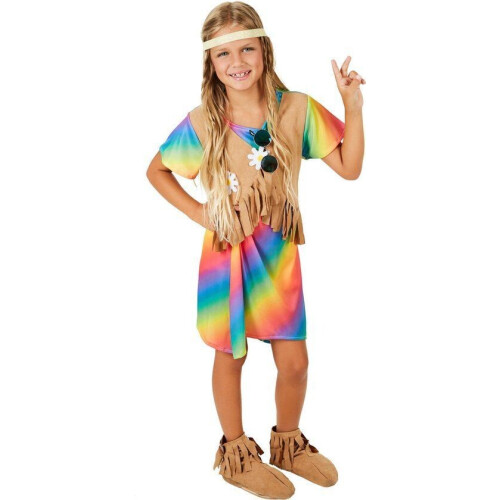 Dressforfun Meisjeskostuum bloemenkind 164 - Verkleedkleding hippie kostuum - Kleurrijke jurk met bloemen - (13-14y) Tweedehands