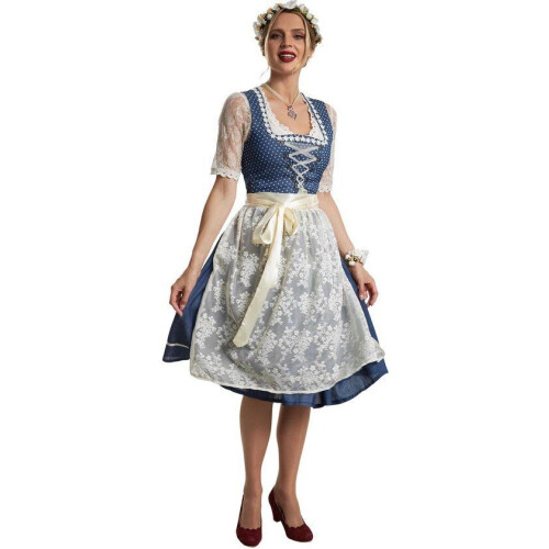 Dressforfun Midi-Dirndl Kleinwalsertal model 2 L - Halflange Dirndl - Vetersluiting en bloemenketting - Blauw en wit