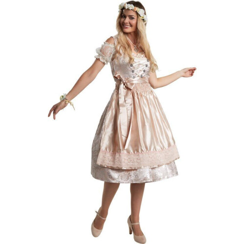 Dressforfun Midi-Dirndl Traunstein 2 XL - Verkleedkostuum - Ruches en strass-steentjes - Beige en zilver