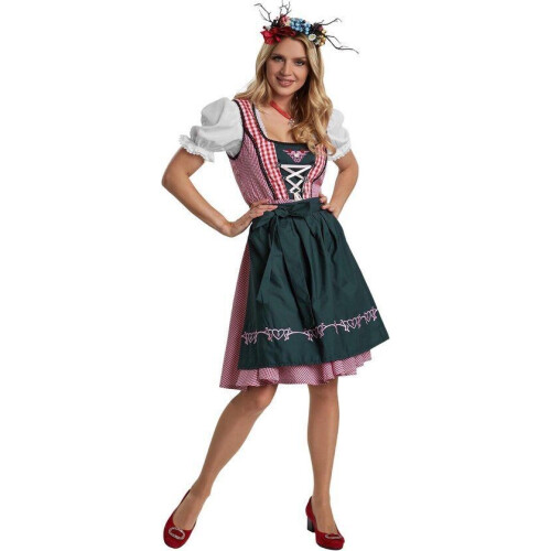 Dressforfun Mini-Dirndl Berchtesgaden model 2 L - verkleedkleding - vetersluiting met strass-steentjes - rood-wit Tweedehands