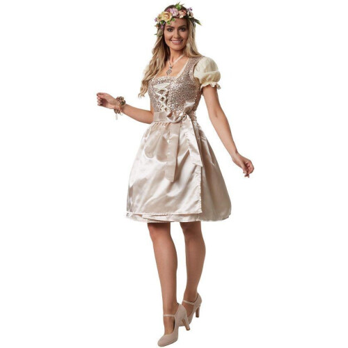 Dressforfun Mini-dirndl Burgau model 1 L - verkleedkleding - pailletten - beige Tweedehands