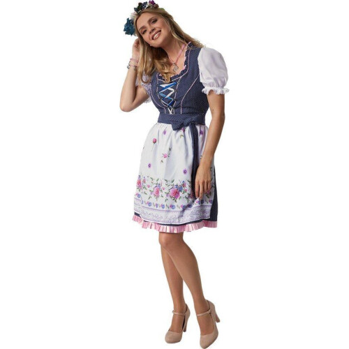 Dressforfun Mini-dirndl Garching - Verkleedkleding - Aansluitend met schort - Blauw/wit - XL Tweedehands